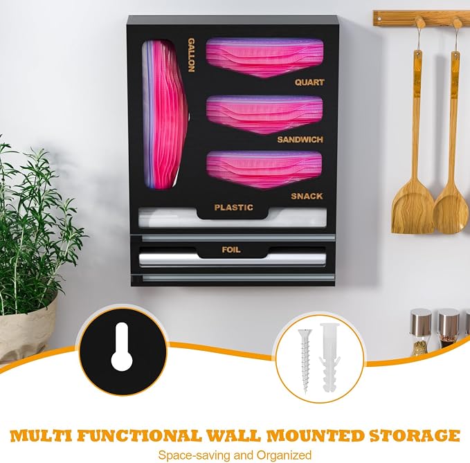 DALSHABET Bamboo Bag Organizer with Magnetic Closure, 6 In 1 Kitchen Drawer Foil and Plastic Wrap Dispenser with Cutter, Storage bag for Gallon, Quart, Sandwich, Snack Black - Image 5