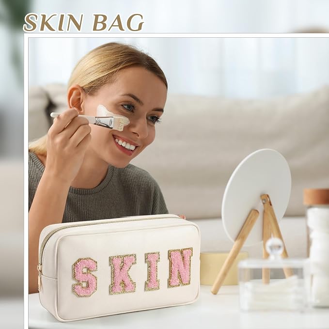 Preppy Makeup Bags Chenille Letter Stuff Bag Nylon Cosmetic Pouch Cases with Zipper for Women Travel Toiletry(Cream Color,Classic,2 Pcs) - Image 5