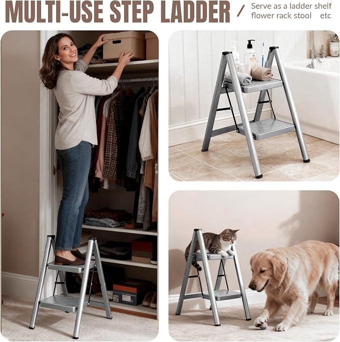 2 Step Ladder, Steel Folding Step Stool with 330lbs Heavy Duty | Anti-Slip Wide Pedal | 1.9" Slim Fold | Ideal for Bathroom Sink, Bed Step Stool, Kitchen Counter & Plant Shelf Display - Image 7