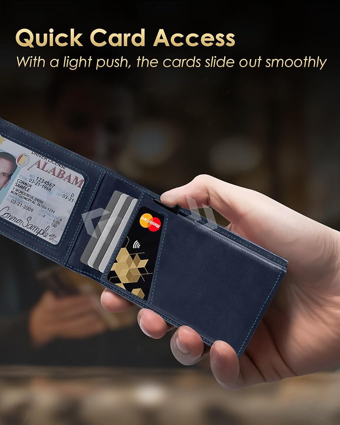 QLD Wallet for Men - RFID Blocking [Functional & Practical] Bifold Slim Minimalist Credit Card Holder Pop Up Metal Case with Cash Slot, Front Pocket with ID Window, Gift Boxed - Image 2