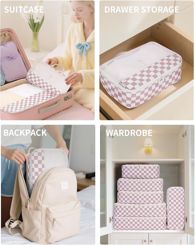 Narwey 7 Set Checkered Packing Cubes for Travel Carry on Suitcase Luggage Organizer Bags for Kids Women Men, Durable Packing Organizers Bag, Travel Essentials Accessories (Dusty Pink Checkerboard) - Image 5