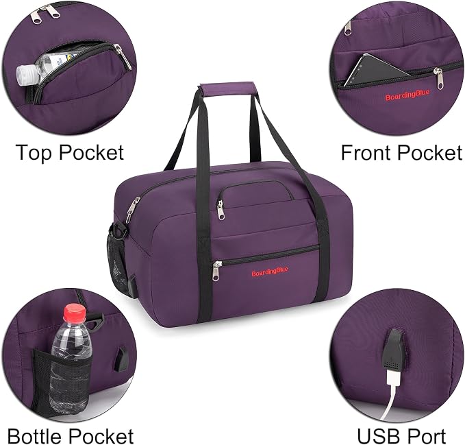 17x10x9 United Airline Personal Item Under Seat Duffel Bag With Free Pillow And USB Port (Purple) - Image 3