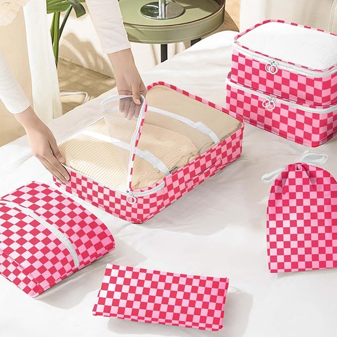 KPX 8 Set Packing Cubes for Travel, Luggage Packing Organizers Accessories Large Toiletries Bag for Clothes Shoes Cosmetics (8Set-Rose Checkered) - Image 6