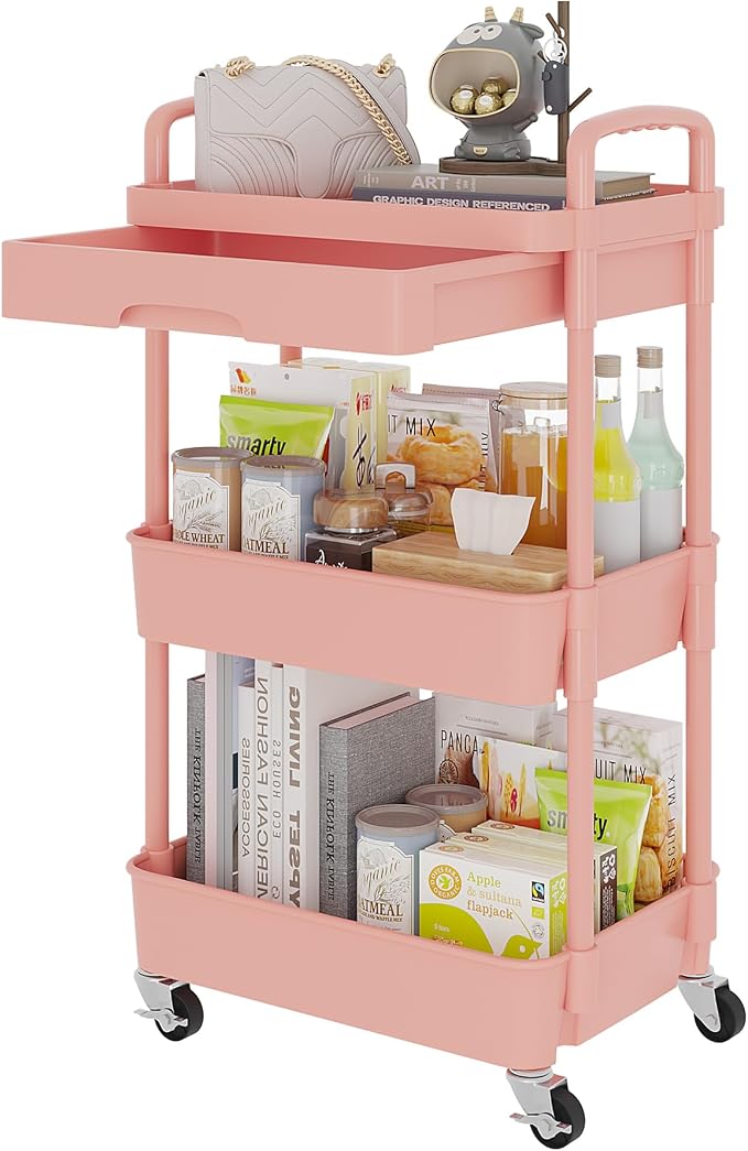 Calmootey 3-Tier Utility Cart with Drawer & Wheels, Storage for Home,Office | Space-Saving Organizer, Sturdy Plastic Shelves, Smooth-Rolling Metal Wheels, Built-in Drawer for Small Items, Pink by Calmootey