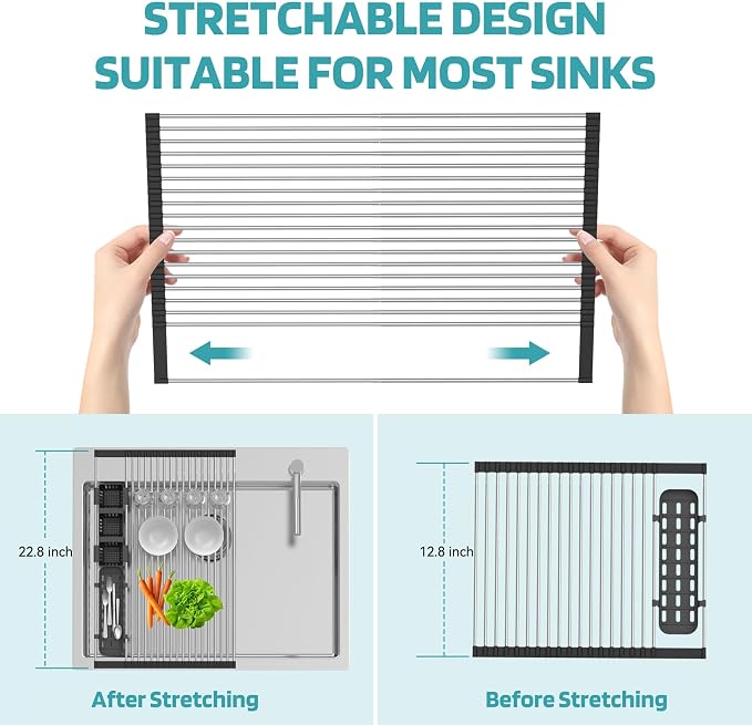 BBXTYLY Extra Large Black Expandable Roll Up Dish Drying Rack Up to 22.8''with 2 Storage Baskets,Over The Sink Kitchen Rolling up Dishes Drainer, Foldable,Rollable - Image 6