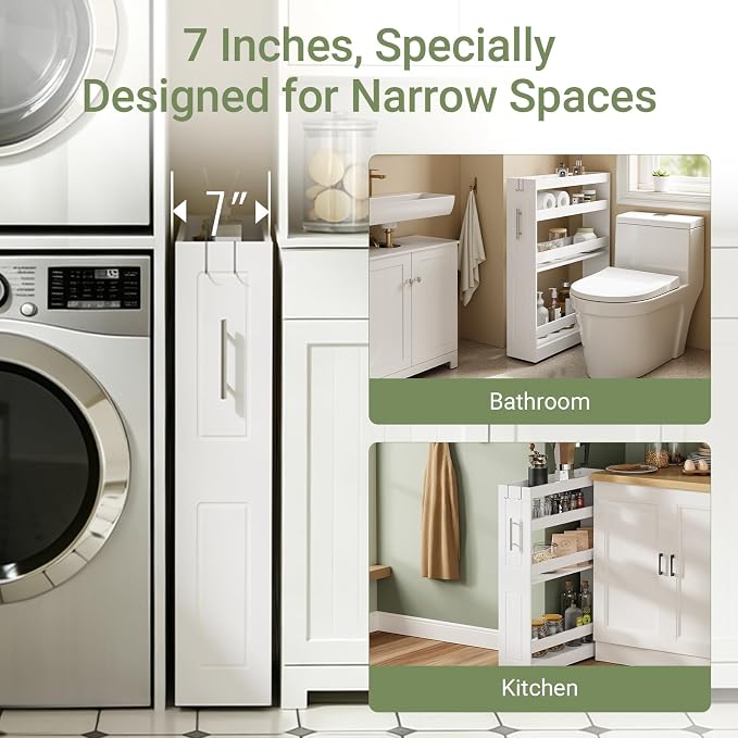SoBuy 4 Tier Slim Rolling Cart with Wheels, Slim Storage Cart, White | Narrow Bathroom Storage Cabinet, Round Handle, Hidden Casters, 7.09" Gap Cart For Kitchen, Bathroom & Laundry - Image 3