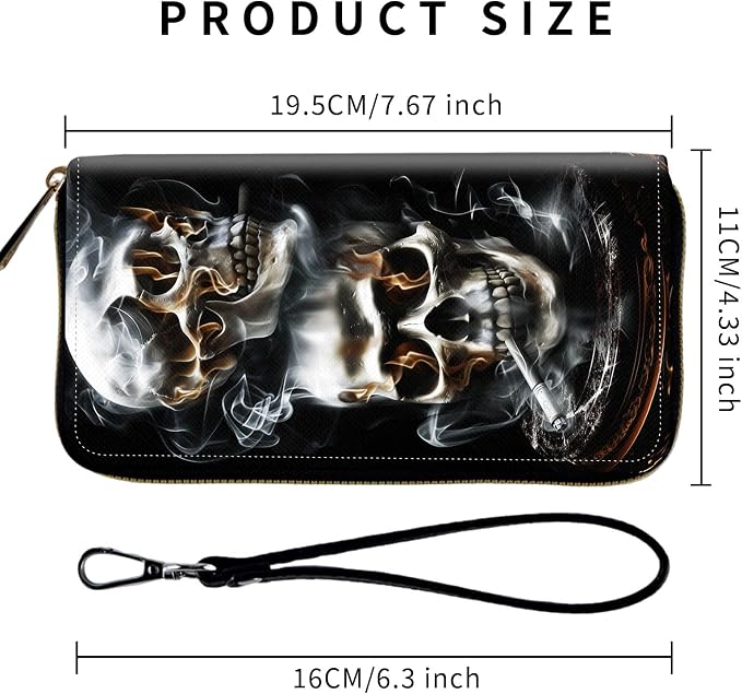 Wallet,Leather Long Wallet Suitable For Ladies And Teenagers - Detachable Wristband + RFID Travel Wallet With Card Slot - Smoking Skull - Image 2