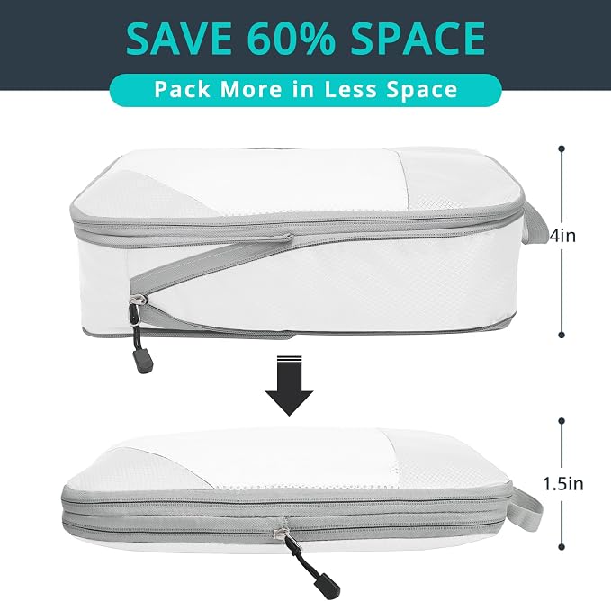 Compression Packing Cubes 6 Set, Compressible Space-Saving Packing Cubes for Travel - Compression Bags, Luggage Organizer, Travel Essentials for Women, White - Image 2