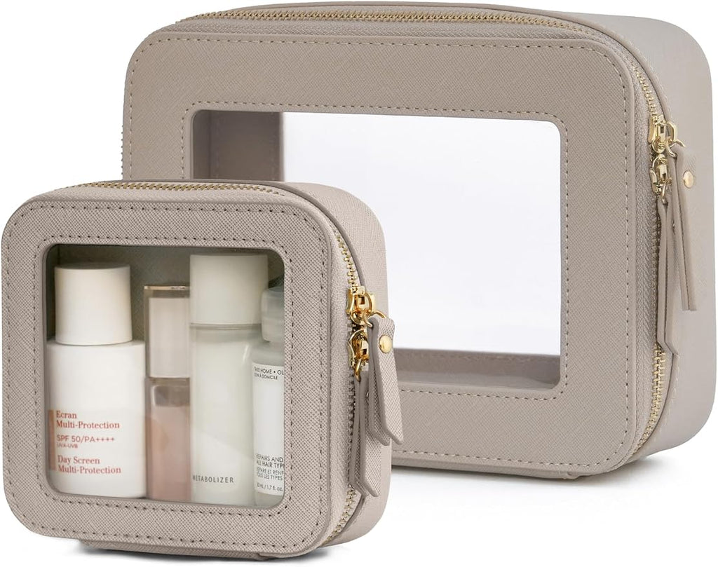 Clear Makeup Bag with Zipper, Set of 2, Mini and Medium, Stone | Clear Travel Bags for Toiletries, Structured Cosmetic Case for Women, Waterproof PU Leather, Wide Open Portable Car Organier by POPVIBE