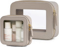 Clear Makeup Bag with Zipper, Set of 2, Mini and Medium, Stone | Clear Travel Bags for Toiletries, Structured Cosmetic Case for Women, Waterproof PU Leather, Wide Open Portable Car Organier by POPVIBE