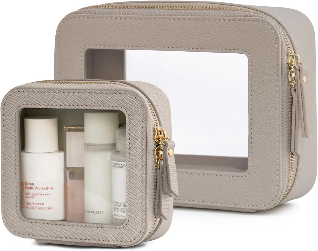 Clear Makeup Bag with Zipper, Set of 2, Mini and Medium, Stone | Clear Travel Bags for Toiletries, Structured Cosmetic Case for Women, Waterproof PU Leather, Wide Open Portable Car Organier by POPVIBE