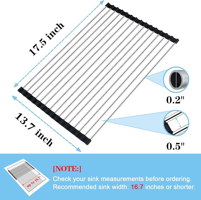 Seropy Roll Up Dish Drying Rack Over The Sink Drying Rack for Kitchen Counter, Folding Dish Rack Over Sink Mat, Stainless Steel Dish Drainer Rack Kitchen Sink Organizer Accessories 17.5"x13.7" - Image 3