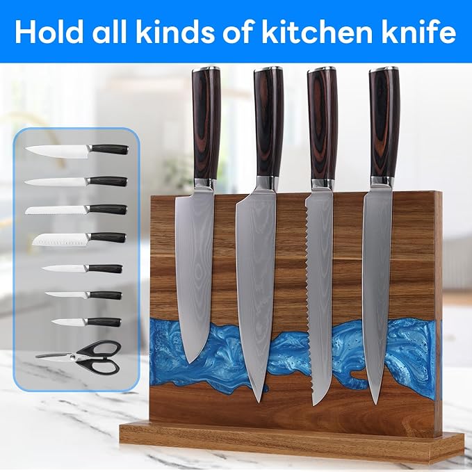 Magnetic Knife Block | Double Sided Magnetic Knife Holder | Acacia Wood Magnetic Knife Rack | Magnetic Knife Storage Stand for Kitchen Counter, Blue Resin River, 12.59×9.84IN (No Knife) - Image 4