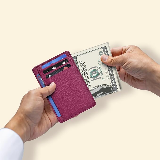 Slim Minimalist Leather RFID Front Pocket Card Holder Wallet, Dark Pink - Image 4