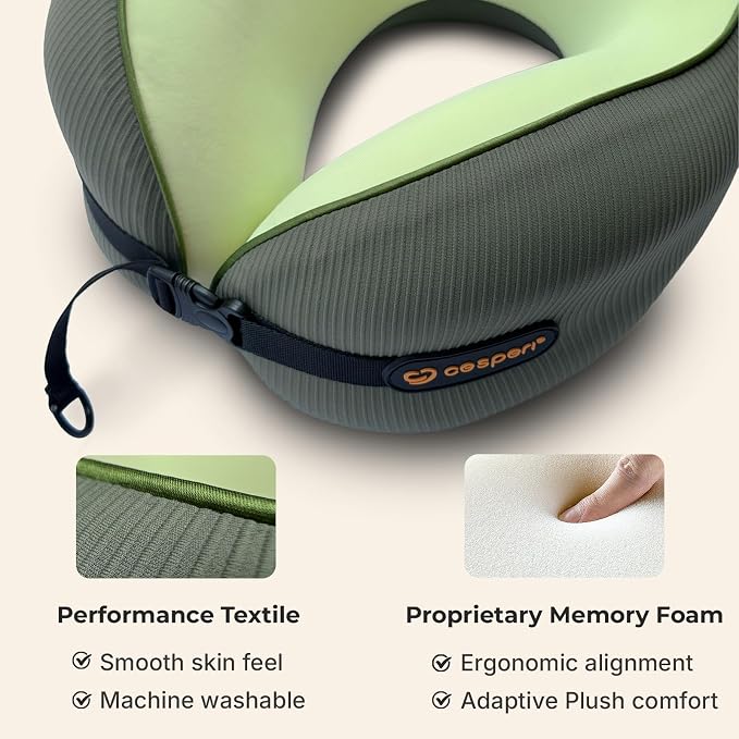 Cesperi® Ergonomic Travel Neck Pillow for Airplanes & Cars, Large | CertiPUR-US® Certified Memory Foam, Washable Cover, Travel Bag, Large Neck Fit, Neck Pillow for Flights (Avocado Green) - Image 5