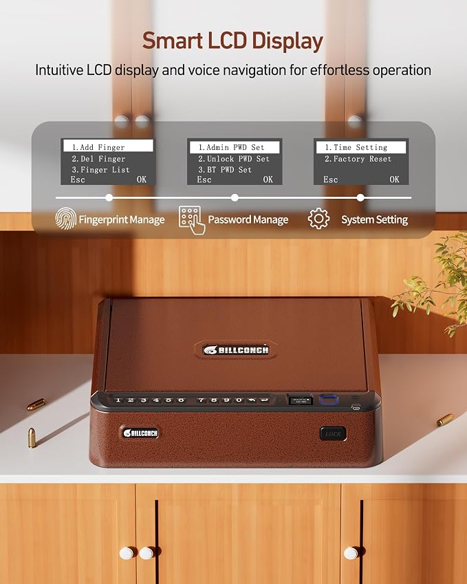 BILLCONCH Smart Gun Safe with Fingerprint, App, Keypad,LCD& Security Cable | Handgun Safe with 4 Quick-Access Methods, Voice Guidance, Built-in LED Light, Ideal for Nightstand, Bedside and Home - Brown - Image 2