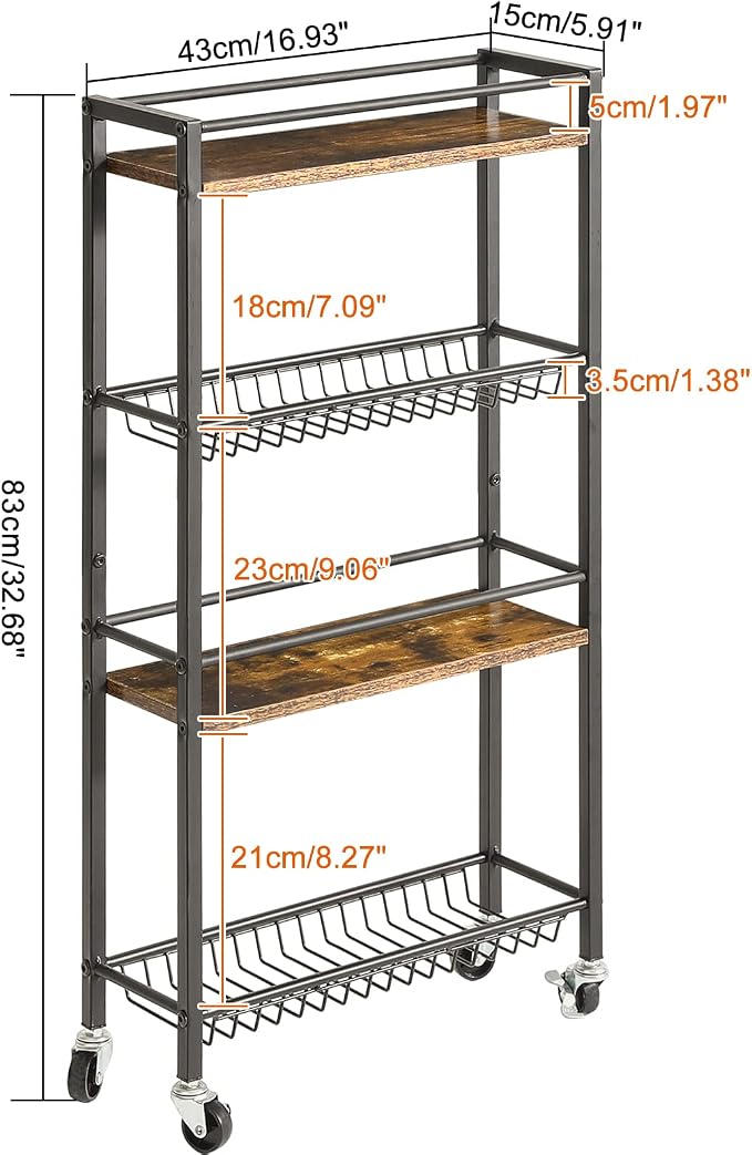 YMYNY Kitchen Storage Rolling Cart 4 Tier on Wheels Rustic Brown HBR002H | for Narrow Spaces, Laundry Room, Dining Room, Bathroom, 32.7" H Shelving Unit with Mesh Baskets - Image 3