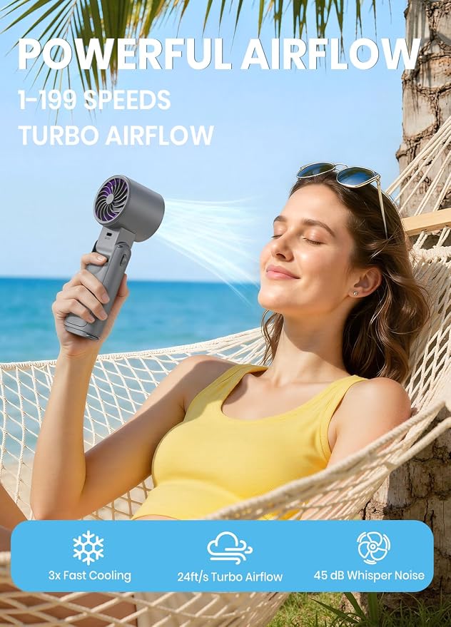 Portable Handheld Turbo Fan, 1-199 Speed Adjustable, Grey Purple | 4 IN 1 Pocket Design with LED Display, High-Power Motor, Rechargeable Battery, Mini Fans for Indoor/Outdoor/Travel/Work - Image 2