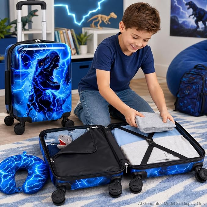 UFNDC Lightweight Hardshell Spinner Luggage Set for Kids 2PCS with Wheels - Airplane Approved Carry-On Suitcase for Boys Ages 3-10, Lightning Dinosaur Rolling Suitcases for Elementary Toddler Travel - Image 3
