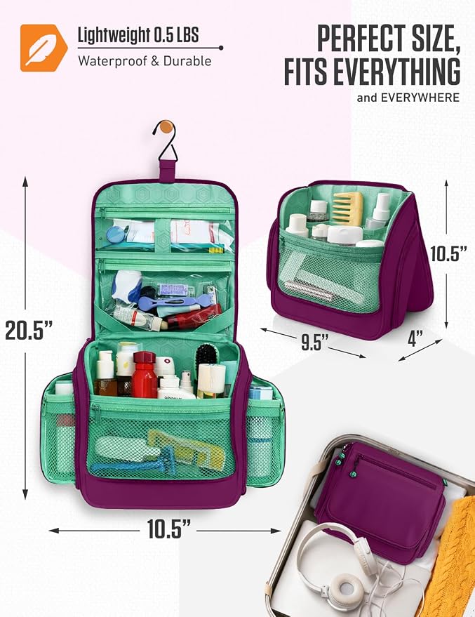 VENTURE 4TH Hanging Travel Toiletry Bag, 18 Compartments - Purple/Mint | Hangs on rails, hooks or doors; stands upright. Removable TSA pouch. Water-resistant Nylon 290D Twill, reinforced stitching. - Image 2