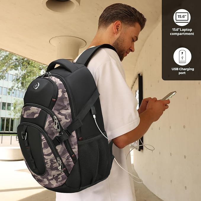Swissdigital Design Laptop Backpack with USB Charging Port, Travel Backpack Fits 15.6 inches Computer, 31L College School Backpack for Men, Khaki Camo | SD803-94 - Image 2
