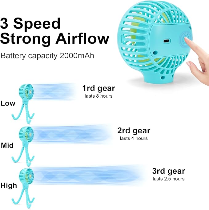 Portable Stroller Fan USB Clip on Fan Rechargeable Small Personal Mini with Removable Flexible Tripod 3 Speed 360° Rotate Can Handheld and Desk for Stroller Car Seat Crib Travel Outdoor (Blue-1) - Image 4