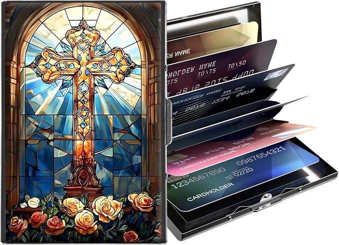 Metal Wallet,Credit Card Holder for Women,Slim RFID Blocking Credit Card Holder Thin Aluminum Wallet ID Case,6 Slot Business Mini Hard Metal Case for Women/Men,Art Cross Flower by Unknown
