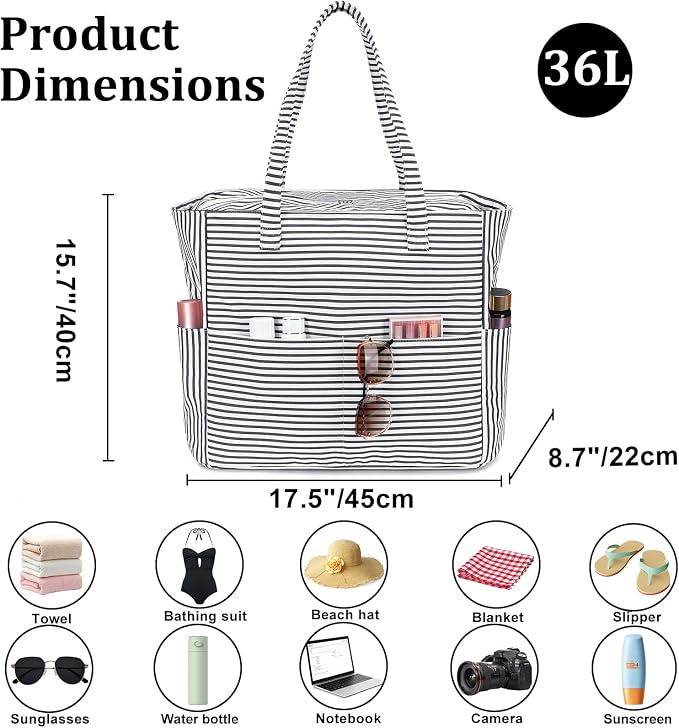 LEDAOU Beach Bag Waterproof Sandproof Women Beach Tote Pool Bag with Zipper for Swim Gym Grocery Travel with Wet Pocket | Sandproof - Image 8