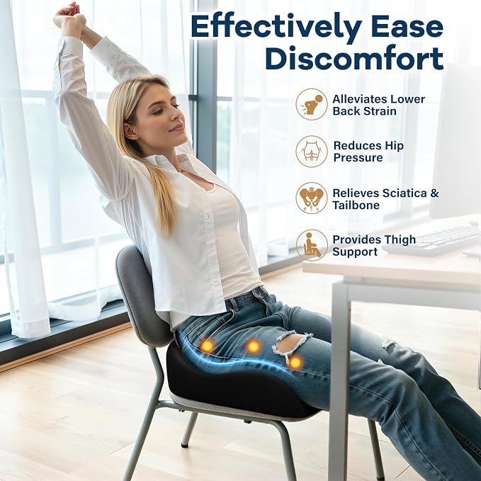 Ergonomic Memory Foam Seat Cushion for Office Chair, Black | Wheelchair Cushions for Tailbone, Hip, Sciatica Support, Soft & Breathable, Chair Pad for Long Sitting, Driving - Image 3