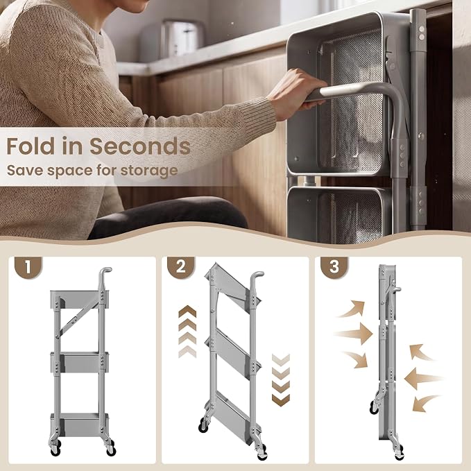 Foldable 3 Tier Rolling Cart, Metal Utility Cart with Wheels | Collapsible Rolling Storage Cart with 3 Hanging Cups, Folding Storage Trolley Organizer Cart for Home Office Kitchen(Grey) - Image 6