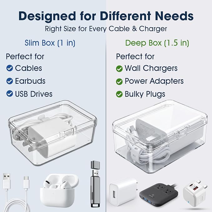 ARVOK 2 Sets Cable Cord Organizer Box with 20 Adjustable Compartments | Cable Storage Box with Lid，Solution for Cable Chaos Charger Cables, Organizer for Home Office Desk Organizers and Accessories - Image 4