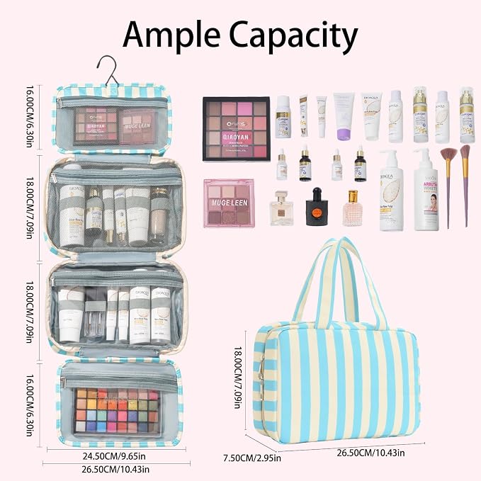 Toiletry Bag for Women Travel Water-resistant Cosmetic Bag Fashion Stripes Makeup Bag with Hanging Hook Preppy for Store Toiletries Cosmetic Accessories Medium Blue - Image 4