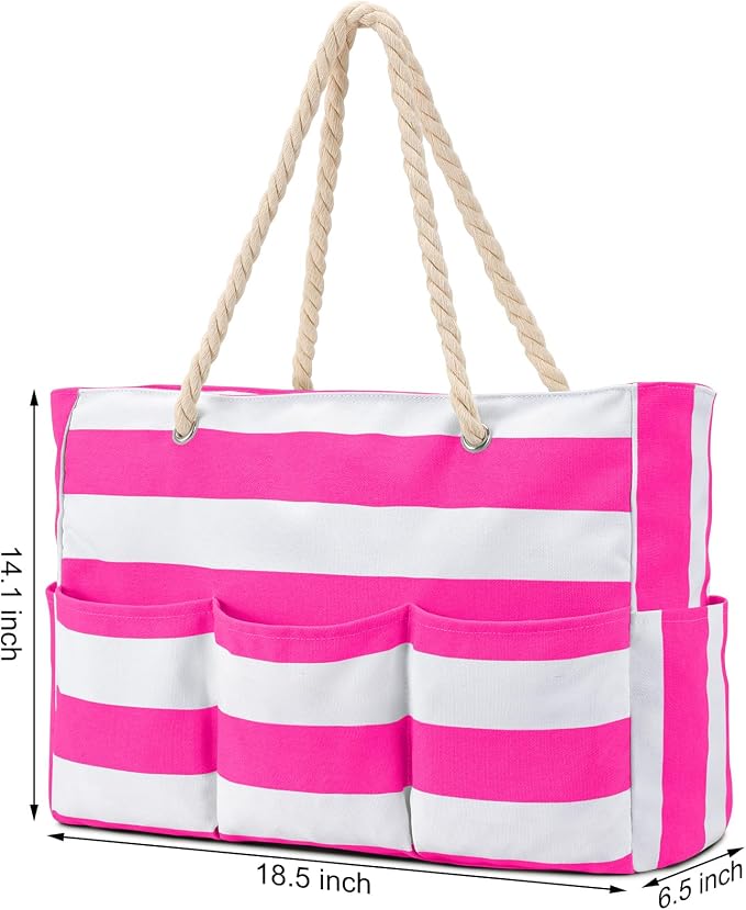 Becokan Beach Bags for Women Canvas Large Beach Tote Bag Zipper Waterproof Sandproof Foldable Swim Pool Bag with 7 Pockets - Image 6