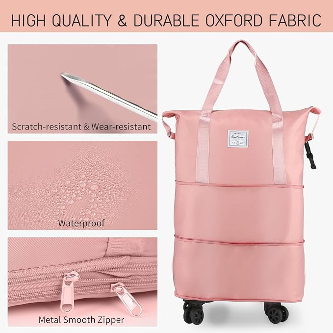 VOOWO Rolling Duffle Bag with Wheels, Expandable Foldable Duffle Bag for Travel, Rolling Under Seat Luggage Carry on Duffel Bags, Wheeled Travel Duffel Large Overnight Weekend Bags (Pink) - Image 4
