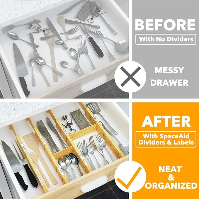 SpaceAid Bamboo Drawer Dividers with Inserts and Labels, Kitchen Adjustable Drawer Organizers, Expandable Organization for Home, Office, Dressers, 4 Dividers with 9 Inserts (17"-22" Natural) - Image 2