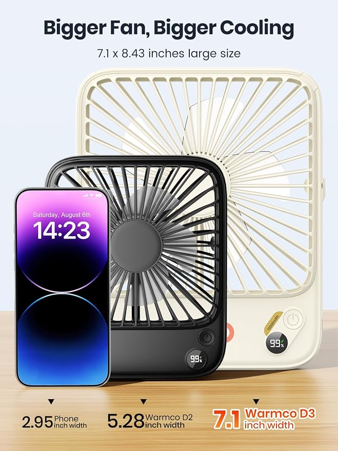 Warmco D3 Portable Travel Fan 10000mAh, Ultra-Slim, 24H Runtime | Quiet 7-Inch Rechargeable Desk Fan, Digital Display For Sleeping, Office, Bedroom & Cruise - Image 8