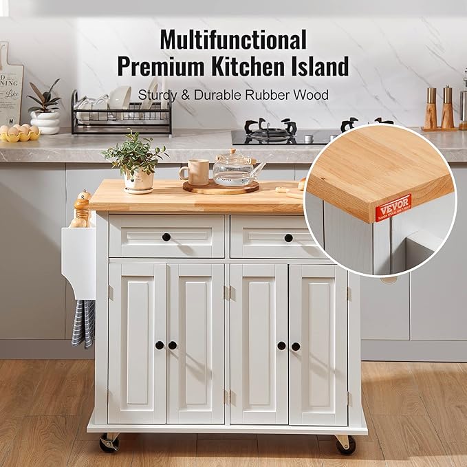 VEVOR Kitchen Island Cart with Solid Wood Top, 35.4" Width Mobile Carts with Storage Cabinet, Rolling Kitchen Table with Spice Rack, Towel Rack, and Drawer, Portable Islands on Wheels, White | Rolling Table with Storage Cabinet, Spice/Towel Rack, Drawe... - Image 6