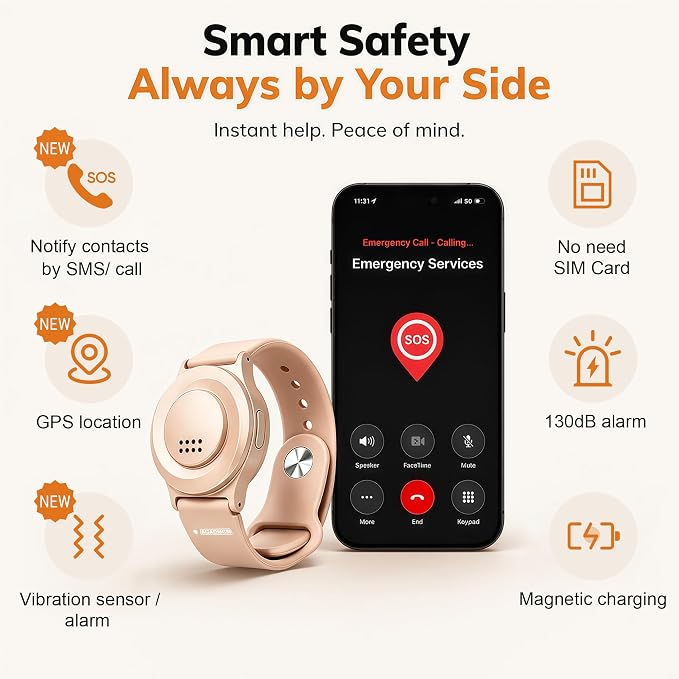 Personal Alarm with 130dB Siren, Rechargeable Wearable SOS Safety Device One-Key Panic Button Smart Emergency Alarm Sends Calls and Texts to Your Phone for Women Elderly Kids (Rose Gold) - Image 2