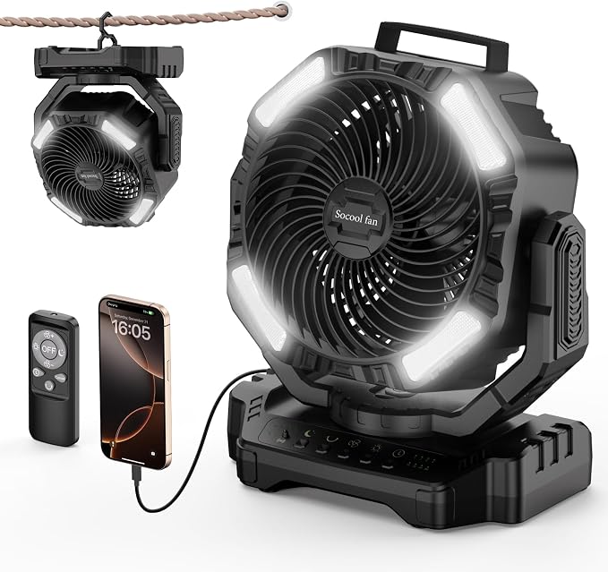Socool 40000mAh Camping Fan Rechargeable, Battery Operated Portable Outdoor Fan Remote, 136Hrs & 4-Speed Cordless Oscillating, Table Fan with Light & Timer for Tent RV Jobsite Hurricane Power Outage by Socoolfancoolinhand