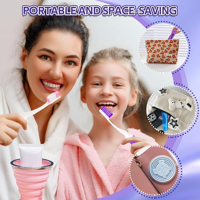 Toothbrush Travel Case, Travel Toothbrush Silicone Collapsible Toothbrush Cup, Travel Toothbrush Set Suitable for Business Camping Travel or Daily Use (Purple) - Image 2
