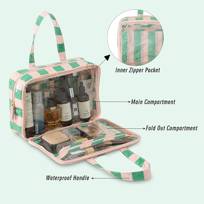 Toiletry Bag for Women, Pink and Green Stripe | Clear Coated,Waterproof,Multiple Compartment,Open Flat,Handle,Travel Organizer for Shampoo,Conditioner,Cosmetic Accessories - Image 3