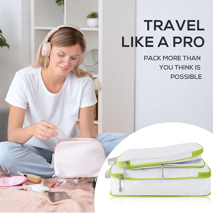 Compression Packing Cubes, 6 Set Packing Cubes for Travel Compression, Lightweight Compressible Package Organizer for Carry On and Suitcases, White and Green - Image 6