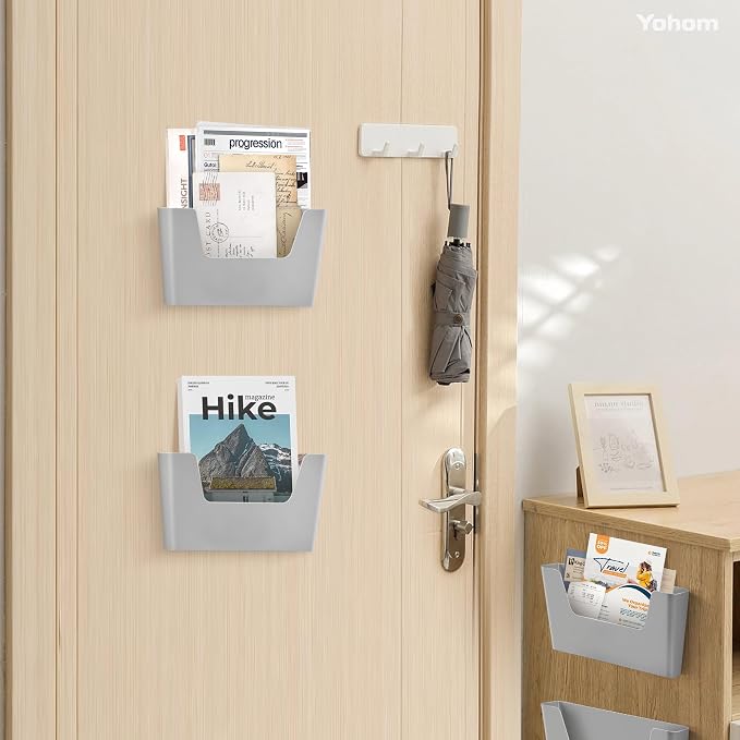 YOHOM Adhesive File Holder Plastic Document Folder Door No Drilling Mount Mail Magazine Organizer A4 Filing Envelopes Folder, Office Wall Mount Single Pocket (GREY, 5 PCS) - Image 4