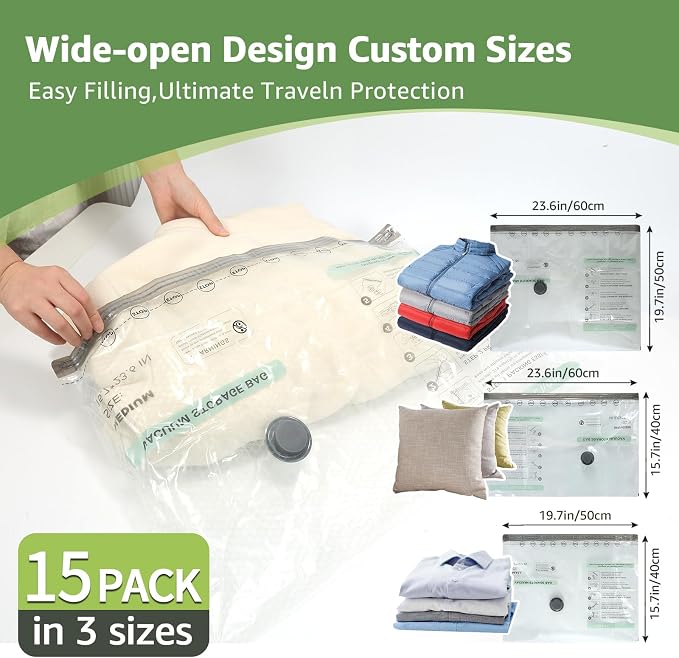 15+1 Packs Vacuum Bags for Travel with Rechargeable air Pump, 3 Sizes Vacuum Seal Bags for Clothing, Space-Saving Compression Storage Bags for Travel & Closet Organization - Image 4