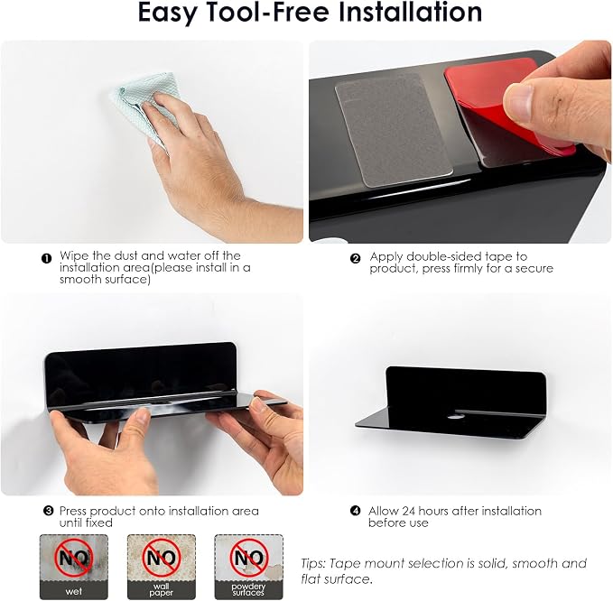 OAPRIRE Acrylic Floating Wall Shelves Black, No Drill, 9 Inch 2 Pack | Strong Tape Adhesive Wall Shelf, Easy Installation, Hole Design with Cable Clips, Small Spaces Bedroom Bathroom Living Room - Image 8
