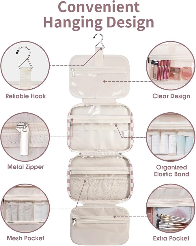 Narwey Travel Toiletry Bag for Women Large Hanging Makeup Bag Organizer Toiletries Bag for Full Size Essentials Accessories Cosmetics (Dusty Pink Checkerboard (Large)) - Image 7