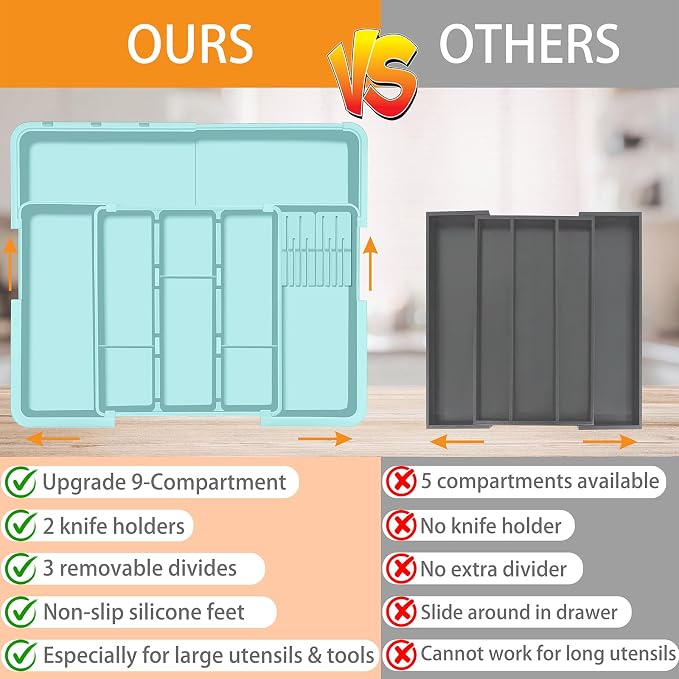 Homecor Utensil Drawer Organizer for Kitchen, Expandable Silverware Organizer Cooking Utensils Tray, Large Cutlery and Flatware Holder, Kitchen Tools & Gadgets Storage (Turquoise) - Image 4