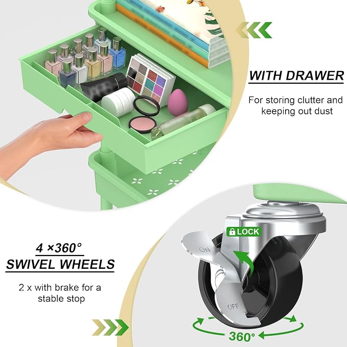 Goovilla 4 Tier Rolling Utility Cart Organizer with Removable Drawer, Green | Stable and Sturdy Rolling Storage Carts with 2 Lockable Wheels for Bathroom, Kitchen, Snack, Craft, Makeup, Baby Essentials - Image 2
