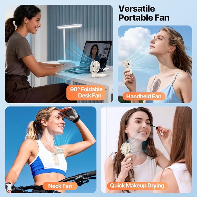 Portable Handheld Fan with Neck Lanyard, Beige | 180° Foldable, 4 Wind Speeds, 16 Hours Battery Life, Low Noise, USB-C Rechargeable, Weighs only 106g, Removable Mesh Cover - Image 3