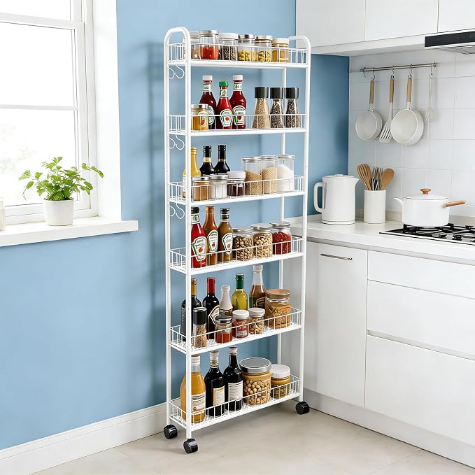 Slim Rolling Storage Cart with Wheels, 6in 6 Tier White | Narrow Space Shelving Unit, Metal Wire Mobile Organizer Rack for Kitchen Bathroom Office Laundry - Image 3